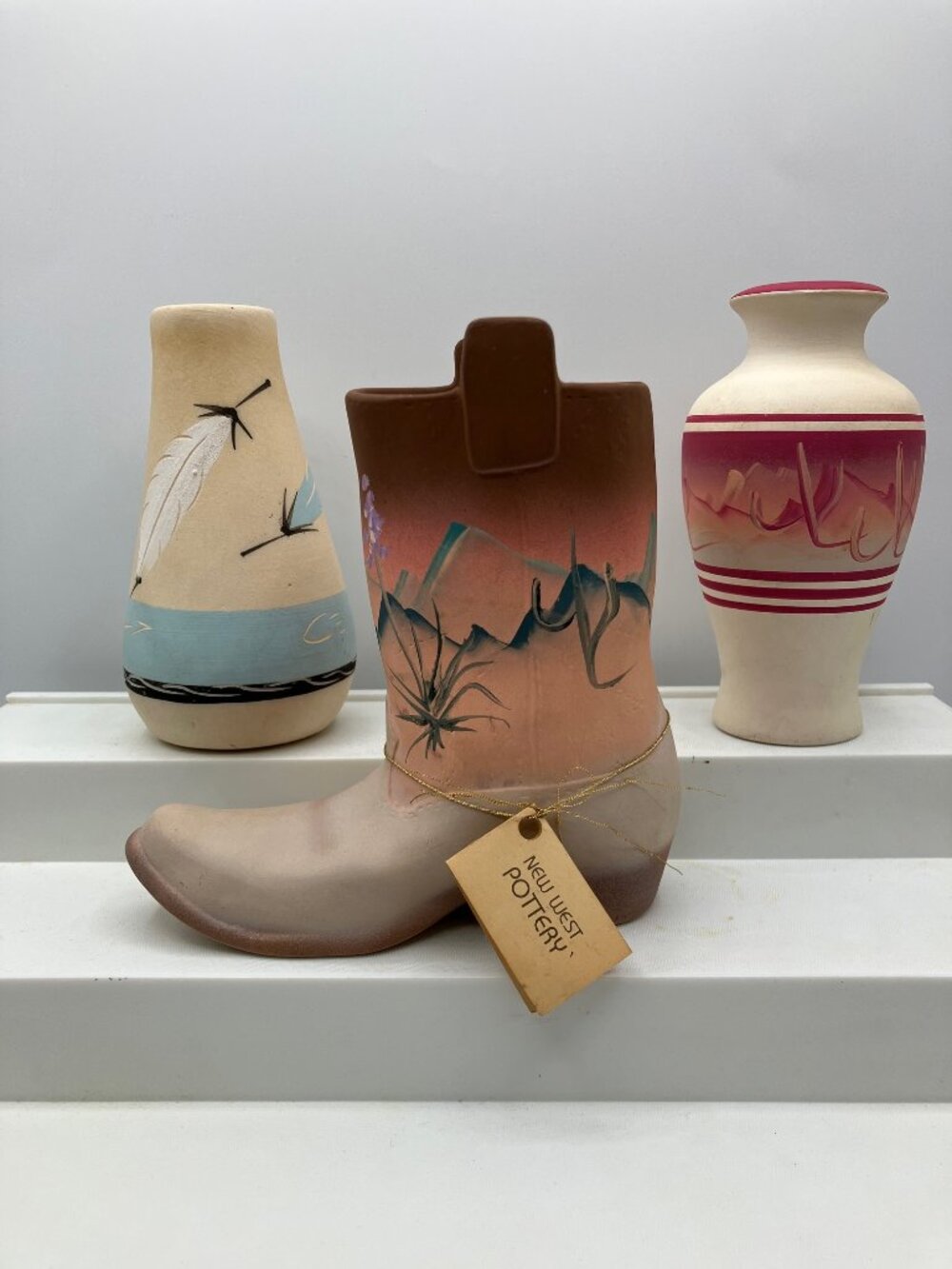 Vintage Pottery Cowboy Boot & 2 Vases New West of Phoeniz, AZ Signed Numbered